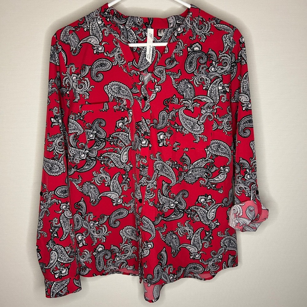 NY Collection Red Black White Paisley Roll Tab Button Up Blouse Women Petite XL
